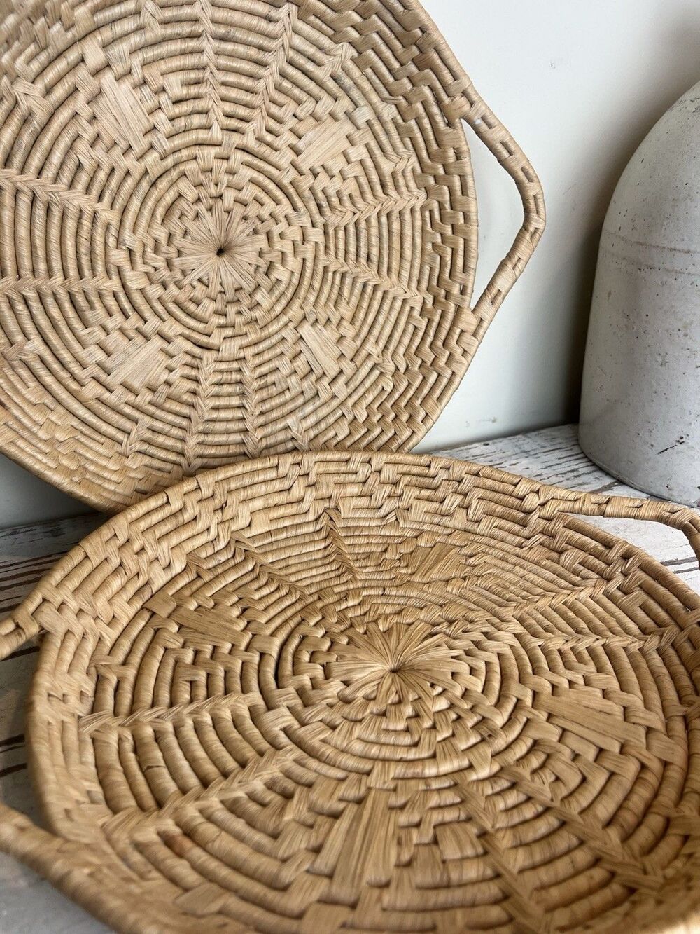 Vintage Woven Wicker Nesting Baskets Sunburst Pattern W/ Handles 14” x 11” Boho